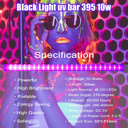 INDMIRD 10W Black Light Lamp,UV Black Light Tube, 395nm LED Lamp,Blacklight Bar for Halloween,Club,Party,Disco