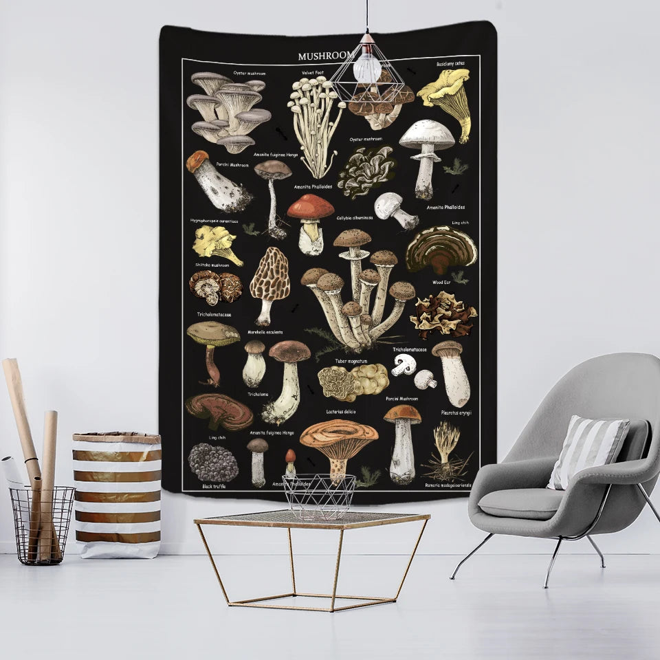 Psychedelic Black Mushroom Tapestry Wall Hanging