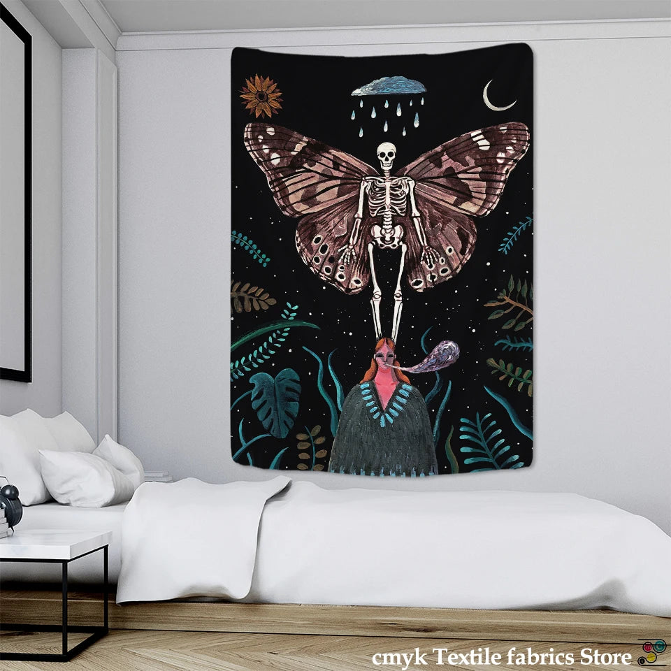 Moon Phase Flower Moth Tapestry Wall Hanging